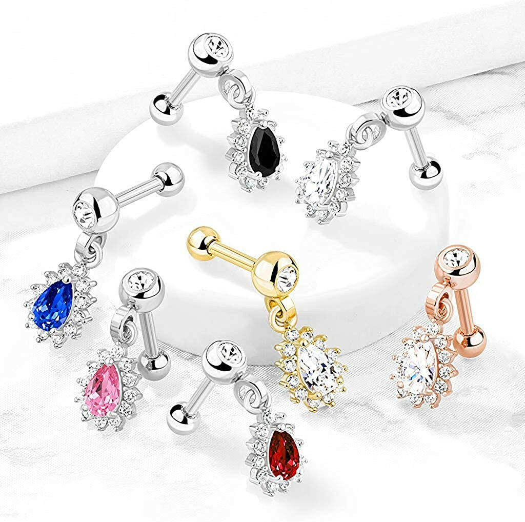 Surgical Steel Pear CZ with Round CZ Surrounding Dangle Jeweled Ball Cartilage Tragus Barbell Studs Cartilage Impulse Piercings