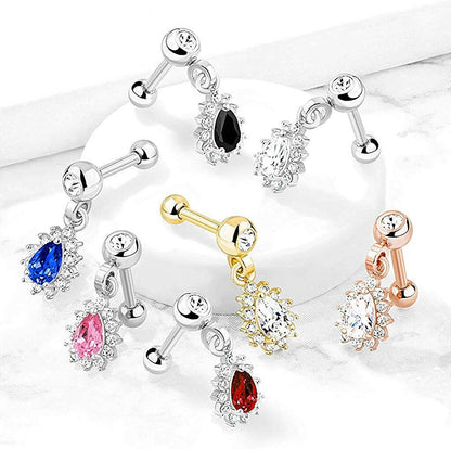 Surgical Steel Pear CZ with Round CZ Surrounding Dangle Jeweled Ball Cartilage Tragus Barbell Studs Cartilage Impulse Piercings