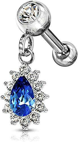 Surgical Steel Pear CZ with Round CZ Surrounding Dangle Jeweled Ball Cartilage Tragus Barbell Studs Cartilage Impulse Piercings Blue