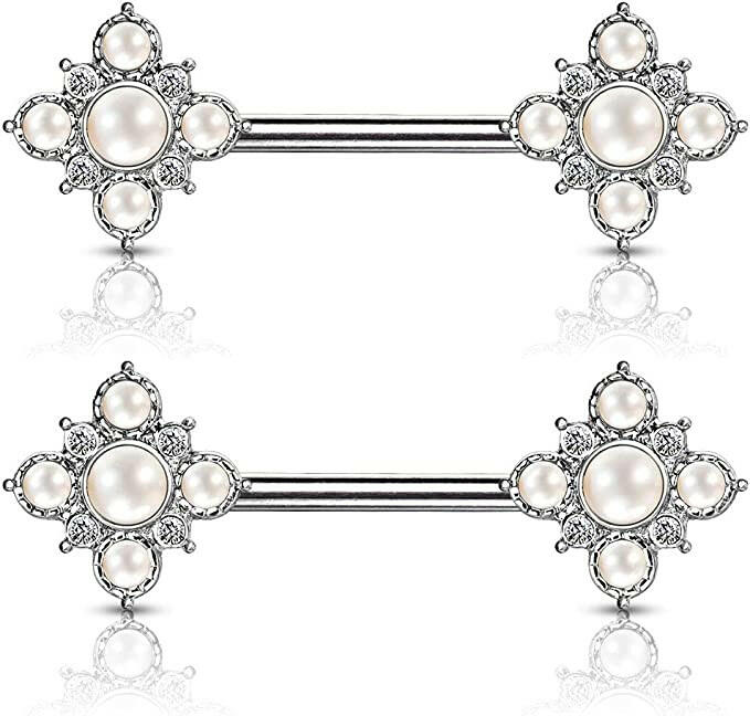 Surgical Steel Pearl and Crystal Paved Gold Plated Vintage Square Flower Ends Nipple Barbell Rings Nipple Ring Impulse Piercings Steel