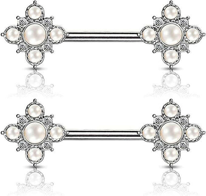 Surgical Steel Pearl and Crystal Paved Gold Plated Vintage Square Flower Ends Nipple Barbell Rings Nipple Ring Impulse Piercings Steel