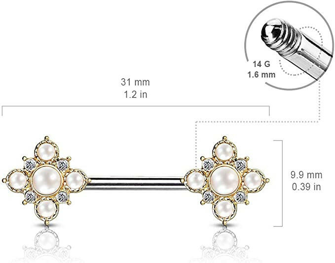 Surgical Steel Pearl and Crystal Paved Gold Plated Vintage Square Flower Ends Nipple Barbell Rings Nipple Ring Impulse Piercings