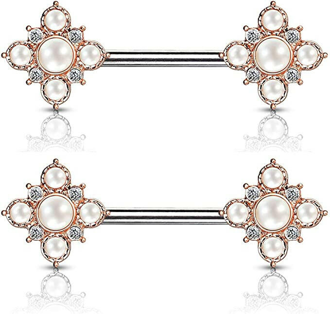 Surgical Steel Pearl and Crystal Paved Gold Plated Vintage Square Flower Ends Nipple Barbell Rings Nipple Ring Impulse Piercings Rose Gold