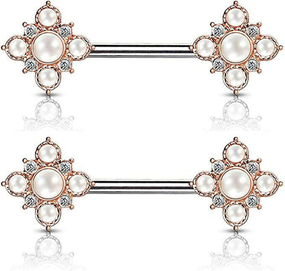 Surgical Steel Pearl and Crystal Paved Gold Plated Vintage Square Flower Ends Nipple Barbell Rings Nipple Ring Impulse Piercings Rose Gold