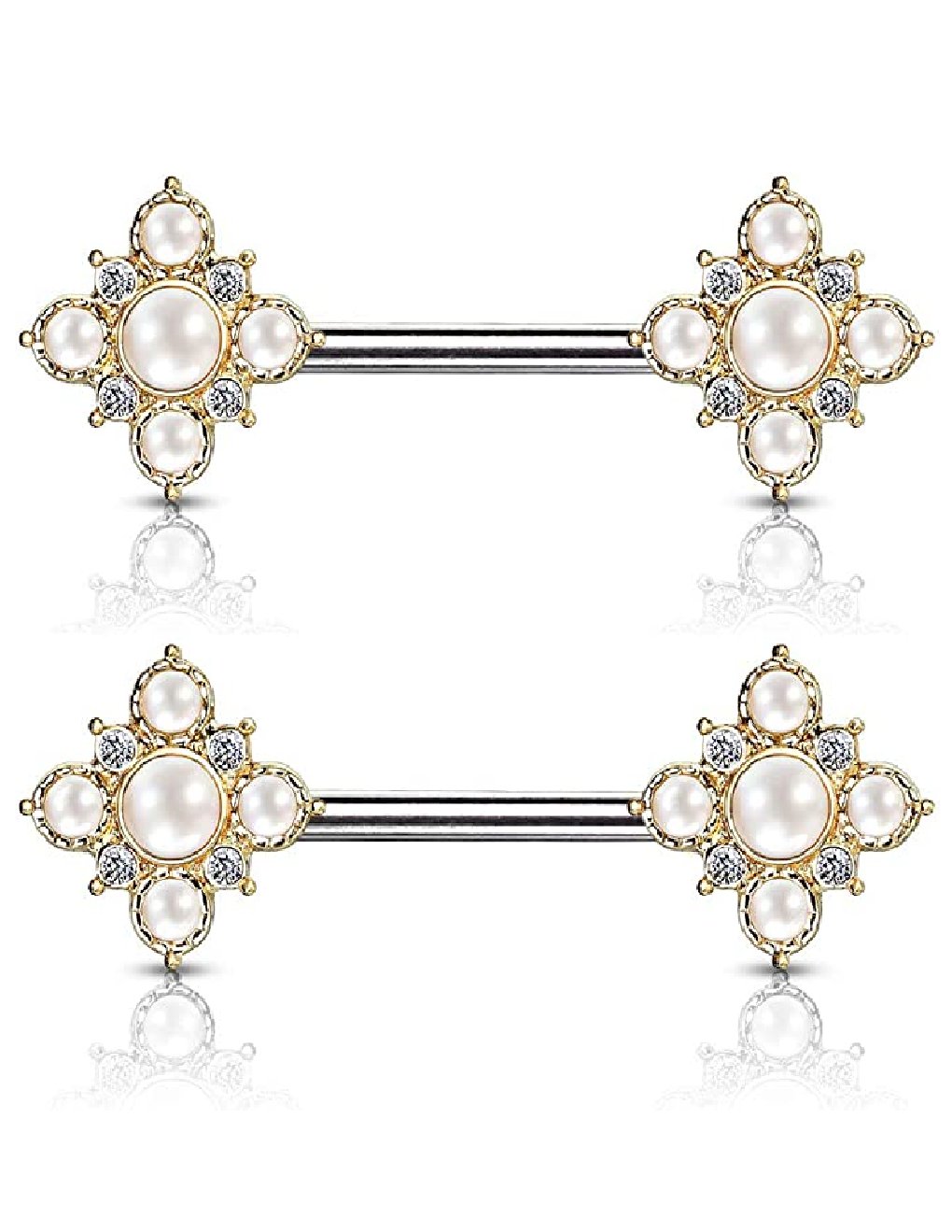 Surgical Steel Pearl and Crystal Paved Gold Plated Vintage Square Flower Ends Nipple Barbell Rings Nipple Ring Impulse Piercings Gold