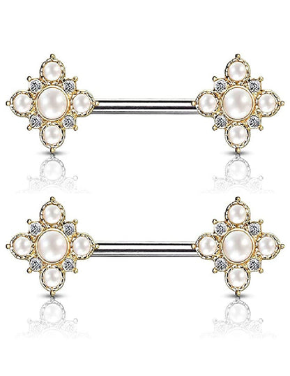 Surgical Steel Pearl and Crystal Paved Gold Plated Vintage Square Flower Ends Nipple Barbell Rings Nipple Ring Impulse Piercings Gold