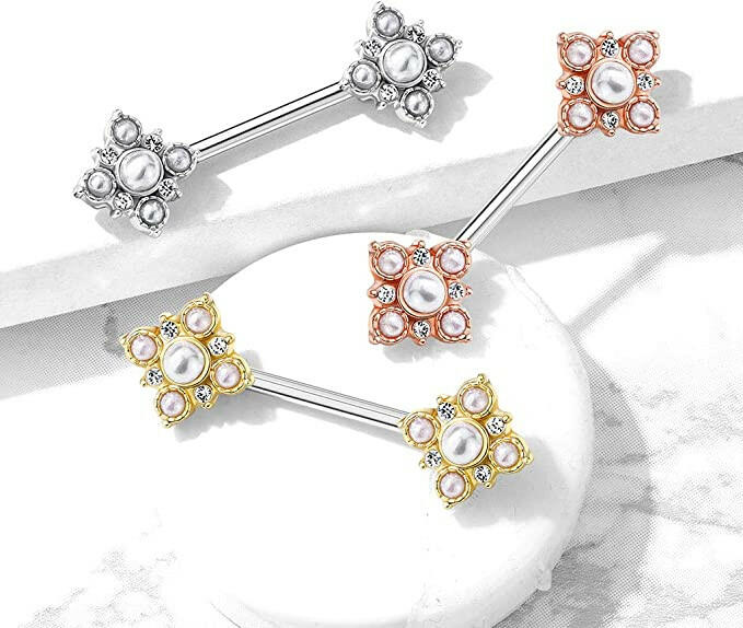 Surgical Steel Pearl and Crystal Paved Gold Plated Vintage Square Flower Ends Nipple Barbell Rings Nipple Ring Impulse Piercings