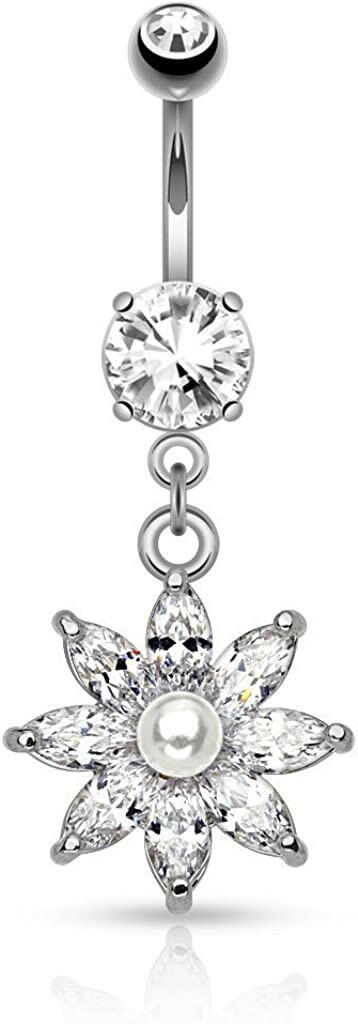 Surgical Steel Pearl with Marquise CZ Flower Petals Dangle Belly Navel Ring Navel Ring Impulse Piercings Clear