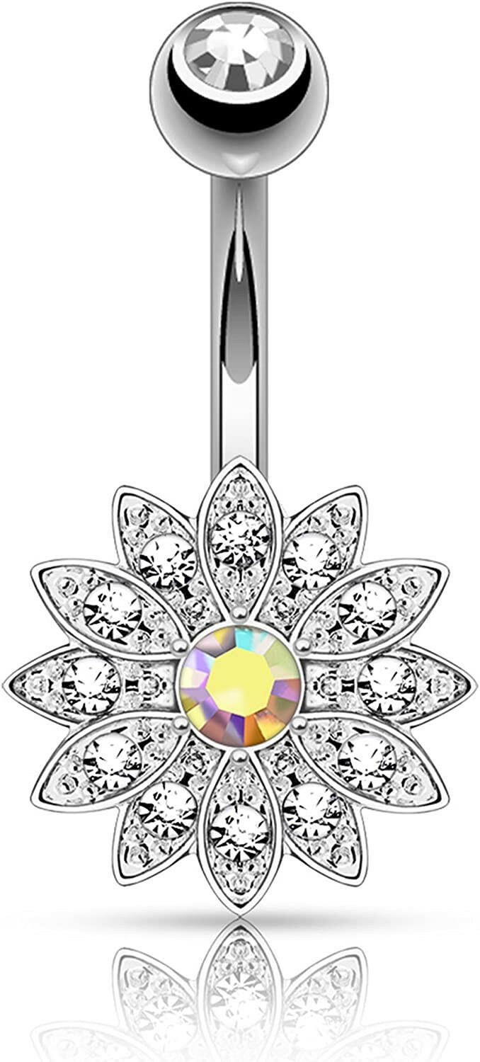 Surgical Steel Petite Crystal Paved Flower with Crystal Center Belly Navel Ring Navel Ring Impulse Piercings Aurora Borealis