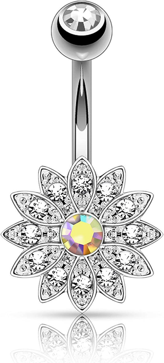 Surgical Steel Petite Crystal Paved Flower with Crystal Center Belly Navel Ring Navel Ring Impulse Piercings Aurora Borealis