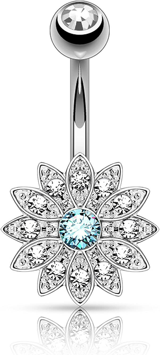 Surgical Steel Petite Crystal Paved Flower with Crystal Center Belly Navel Ring Navel Ring Impulse Piercings Aqua