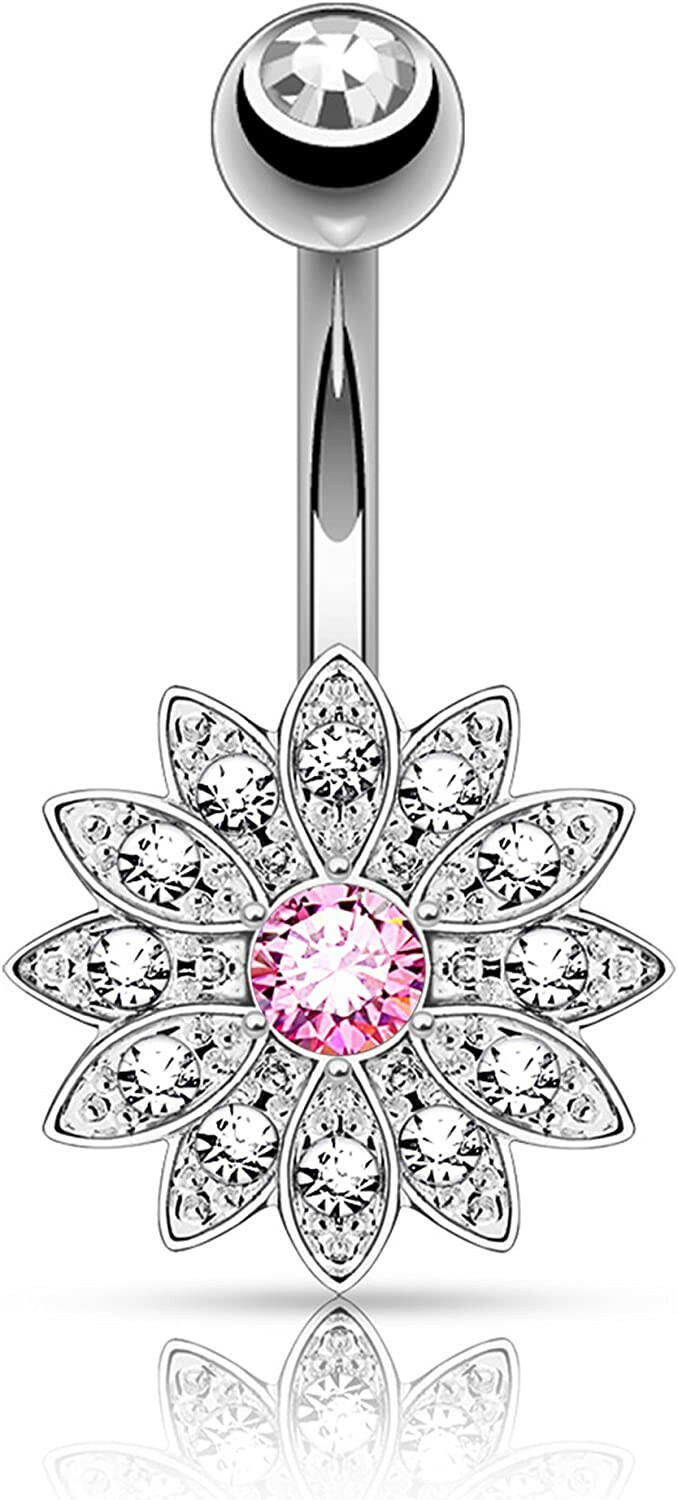 Surgical Steel Petite Crystal Paved Flower with Crystal Center Belly Navel Ring Navel Ring Impulse Piercings Pink