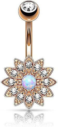 Surgical Steel Petite Crystal Paved Flower with Opal Center Belly Navel Ring Navel Ring Impulse Piercings Rose Gold