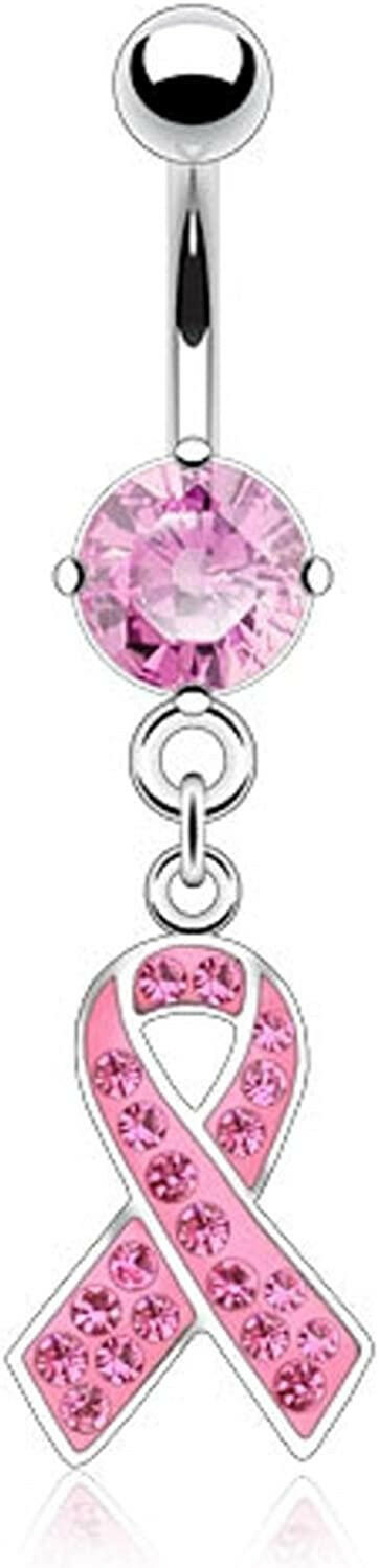 Surgical Steel Pink Awareness Ribbon Multi Gem Dangle Belly Navel Ring Navel Ring Impulse Piercings