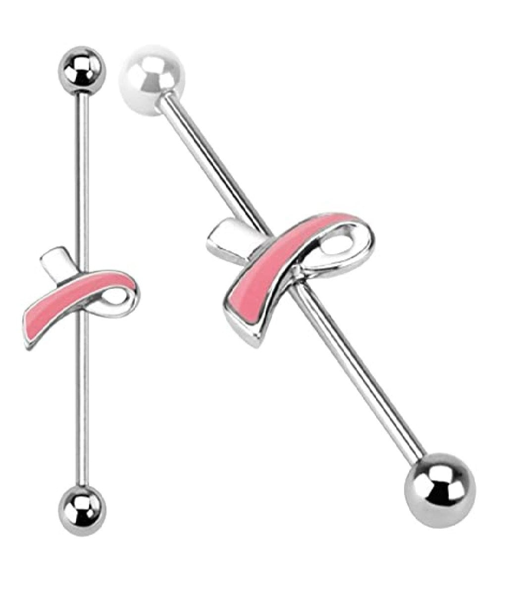 Surgical Steel Pink Breast Cancer Awareness Ribbon Industrial Barbell Industrial Barbell Impulse Piercings