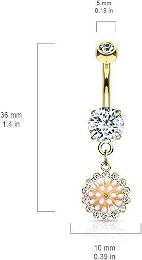 Surgical Steel Pink Enamel Cluster With CZ Around Dangle Round CZ Belly Navel Ring Navel Ring Impulse Piercings