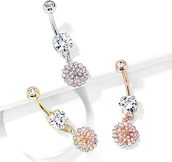 Surgical Steel Pink Enamel Cluster With CZ Around Dangle Round CZ Belly Navel Ring Navel Ring Impulse Piercings