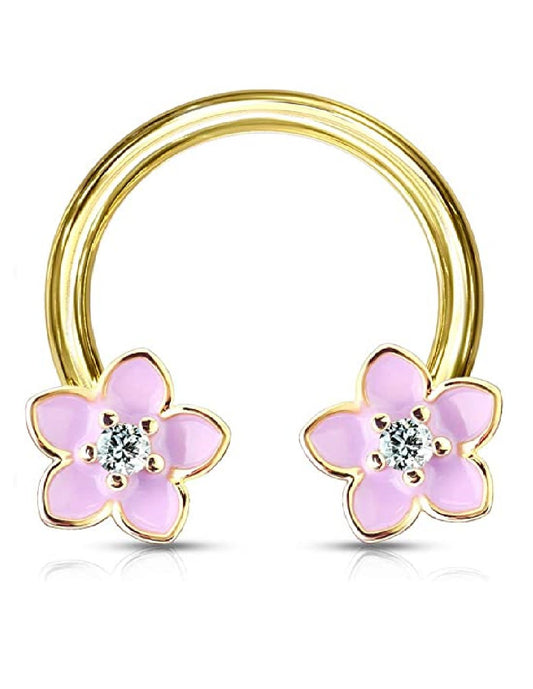 Surgical Steel Pink Enamel Flower With CZ Center Circular Horseshoe Circular Barbell Impulse Piercings