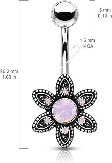 Surgical Steel Pink Opalite Crystal Paved Flower Belly Navel Ring Navel Ring Impulse Piercings