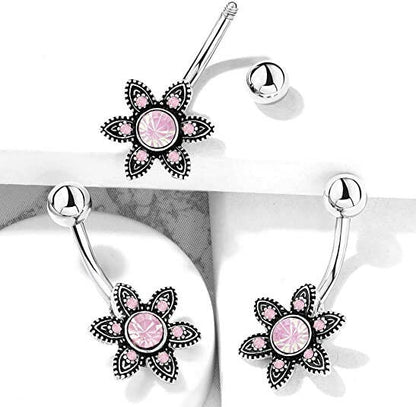 Surgical Steel Pink Opalite Crystal Paved Flower Belly Navel Ring Navel Ring Impulse Piercings