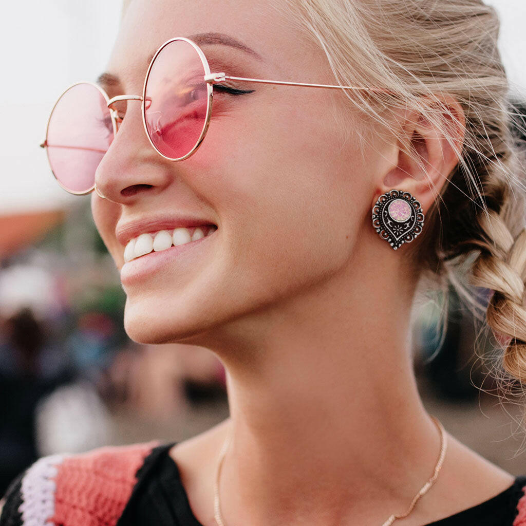 Surgical Steel Pink Opalite Stone Centered Tear Drop Filigree Front Double Flared Tunnels Plugs Impulse Piercings