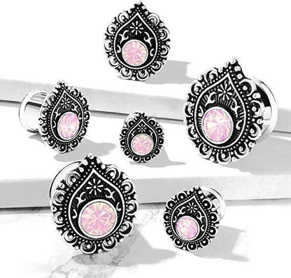 Surgical Steel Pink Opalite Stone Centered Tear Drop Filigree Front Double Flared Tunnels Plugs Impulse Piercings