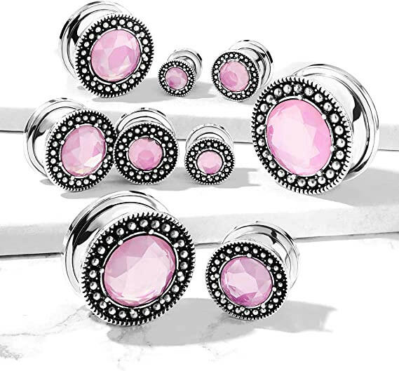 Surgical Steel Pink Stone Centered Burnish Finish Shield Front Double Flared Tunnels Plugs Impulse Piercings