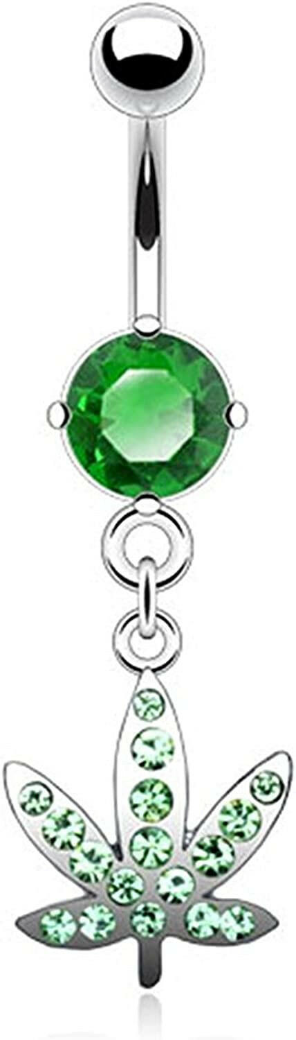 Surgical Steel Pot Leaf Gem Paved Dangle Belly Navel Ring Navel Ring Impulse Piercings Green