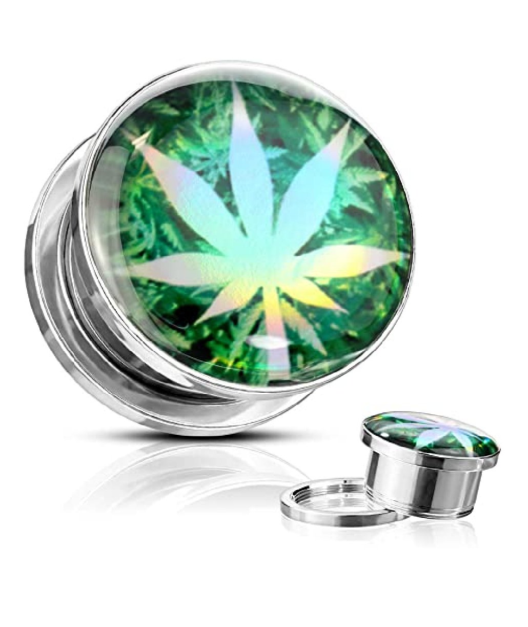 Surgical Steel Pot Leaf Hologram Screw Fit Flesh Tunnel Plugs Plugs Impulse Piercings 2GA (6mm)