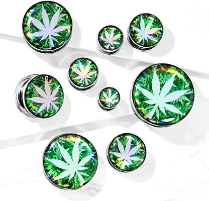 Surgical Steel Pot Leaf Hologram Screw Fit Flesh Tunnel Plugs Plugs Impulse Piercings