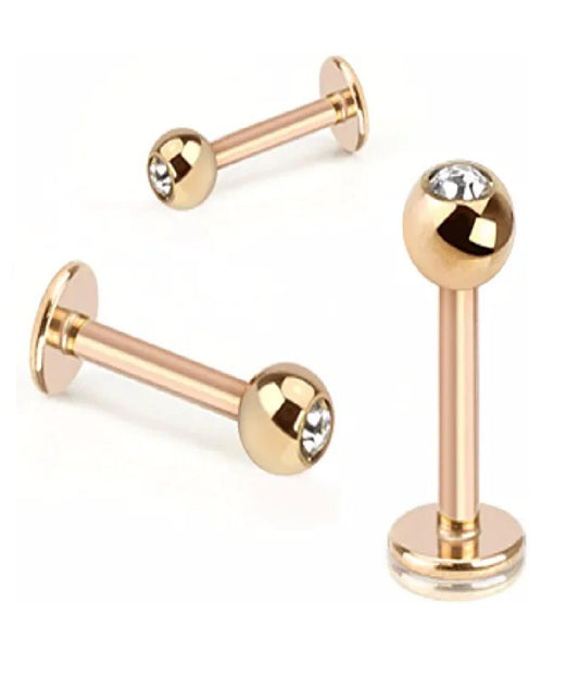 Surgical Steel Press Fit Stone Ball Rose Gold IP Over Basic Labret Monroe Labret Impulse Piercings 16GA Length: 6mm Clear