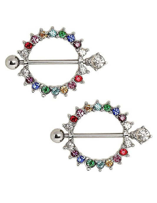 Surgical Steel Rainbow CZ Round with CZ end Nipple Shield Rings Nipple Ring Impulse Piercings