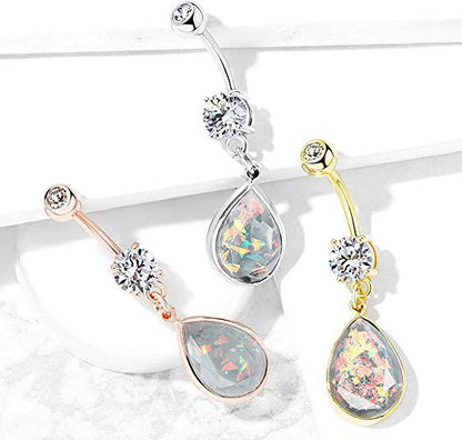 Surgical Steel Rainbow Glitter Opalite Stone Dangle Belly Navel Ring Navel Ring Impulse Piercings