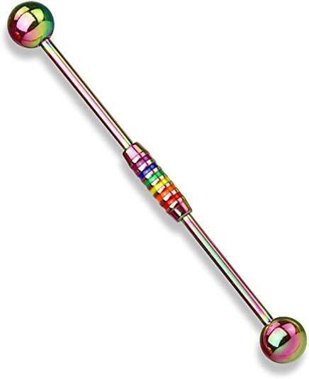 Surgical Steel Rainbow Striped Center Industrial Barbell Industrial Barbell Impulse Piercings Rainbow