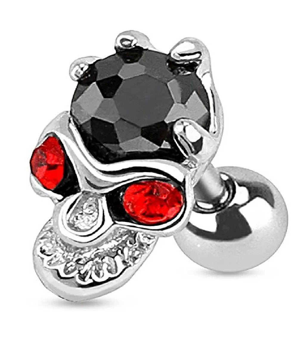 Surgical Steel Red Eyed Skull with Hand Holding Black Gem Cartilage Tragus Barbells Cartilage Earring Impulse Piercings