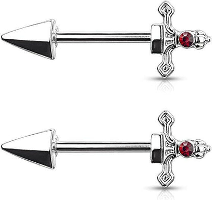 Surgical Steel Red Gem Dagger Nipple Barbell Rings Nipple Ring Impulse Piercings Steel