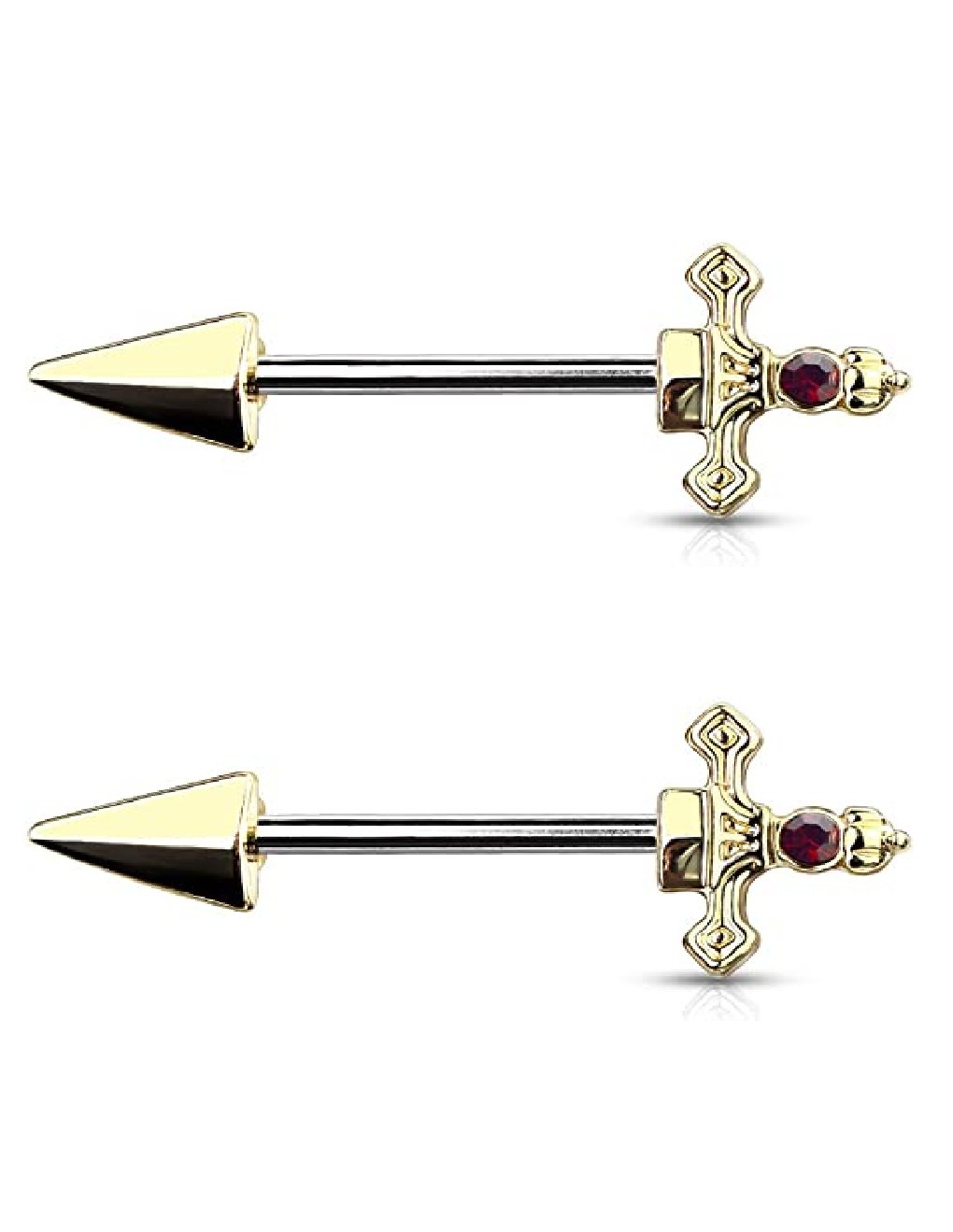 Surgical Steel Red Gem Dagger Nipple Barbell Rings Nipple Ring Impulse Piercings Gold