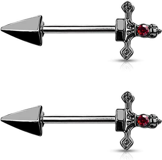 Surgical Steel Red Gem Dagger Nipple Barbell Rings Nipple Ring Impulse Piercings Black