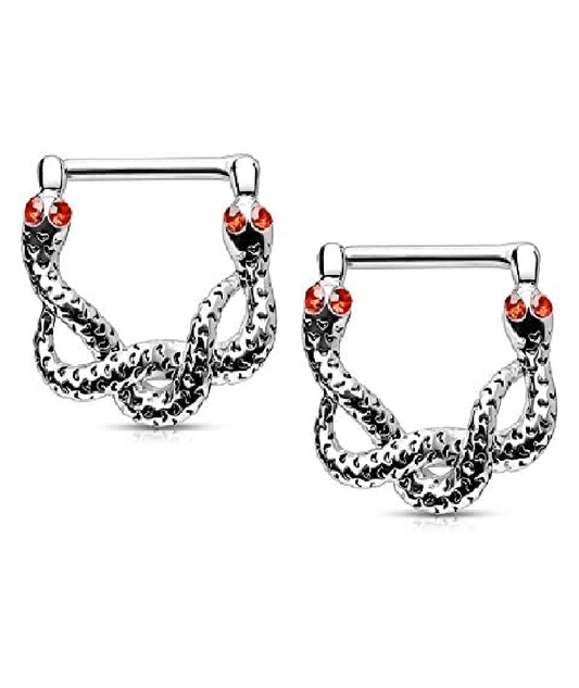 Surgical Steel Red Gem Eyes Snakes Bar Nipple Clickers Nipple Ring Impulse Piercings