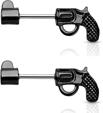 Surgical Steel Revolver Pistol Nipple Barbell Rings Nipple Ring Impulse Piercings Black