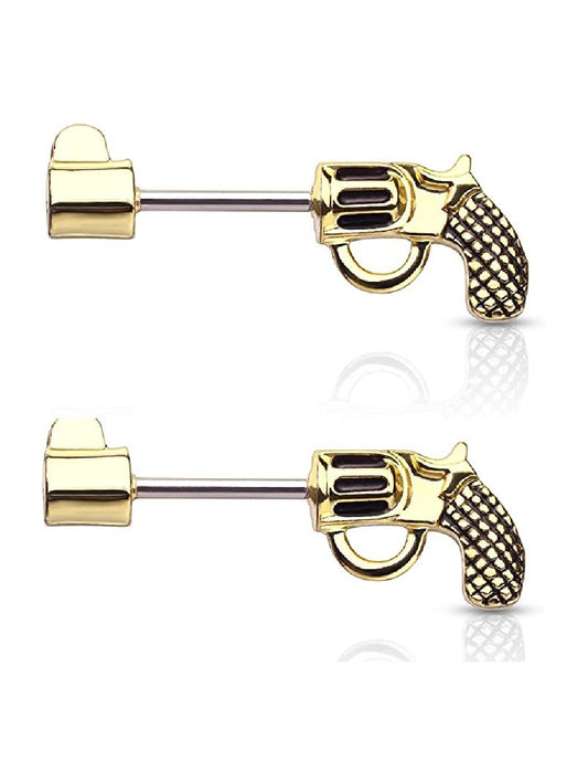 Surgical Steel Revolver Pistol Nipple Barbell Rings Nipple Ring Impulse Piercings Gold