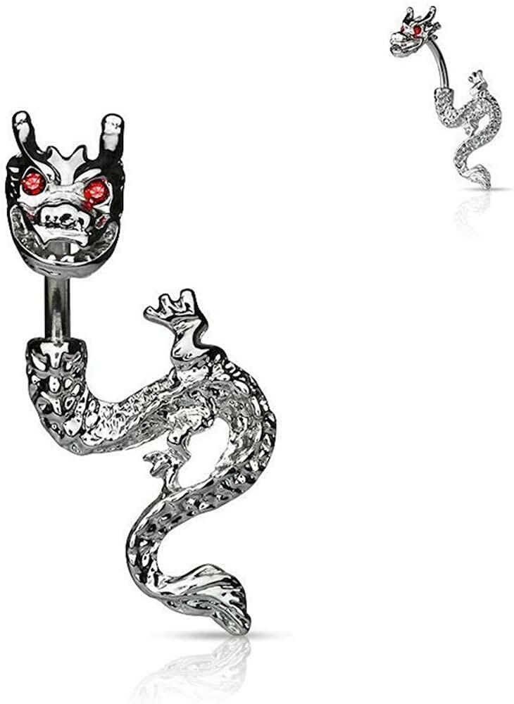 Surgical Steel Rhodium Plated Dragon with Gemmed Eyes Belly Navel Ring Navel Ring Impulse Piercings Red