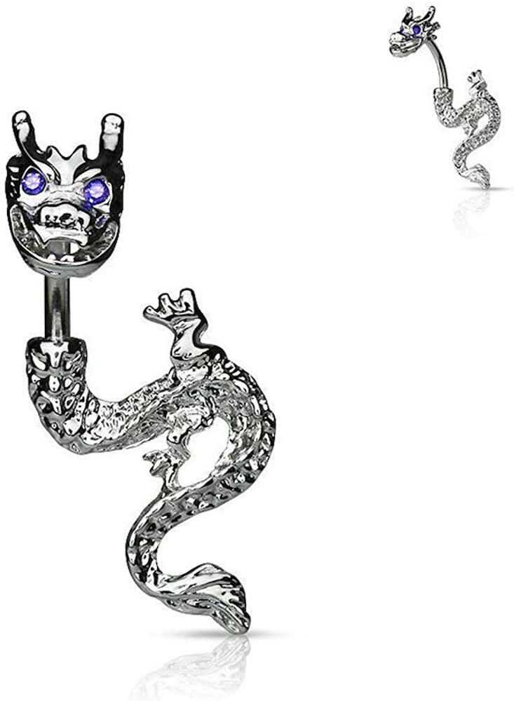 Surgical Steel Rhodium Plated Dragon with Gemmed Eyes Belly Navel Ring Navel Ring Impulse Piercings Blue