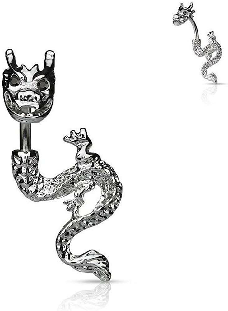 Surgical Steel Rhodium Plated Dragon with Gemmed Eyes Belly Navel Ring Navel Ring Impulse Piercings Black