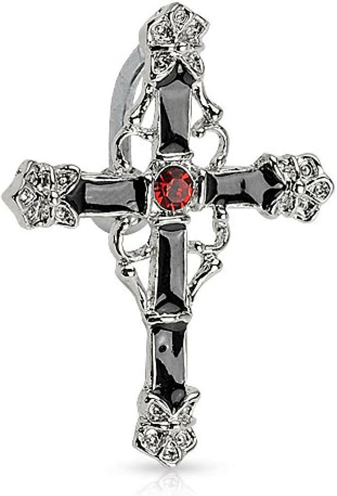 Surgical Steel Rhodium Plated Top Drop with Black Enamel Colored Cross with Red Gem Center Belly Navel Ring Navel Ring Impulse Piercings