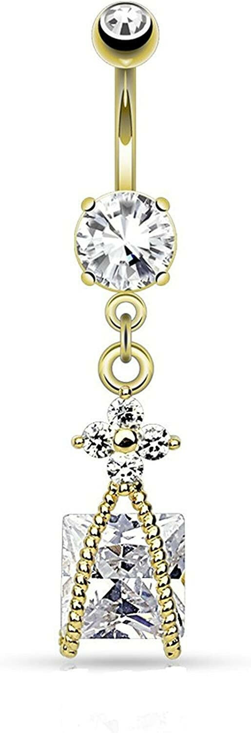 Surgical Steel Roped Square CZ and Small CZ Flower Dangle Belly Navel Ring Navel Ring Impulse Piercings Gold