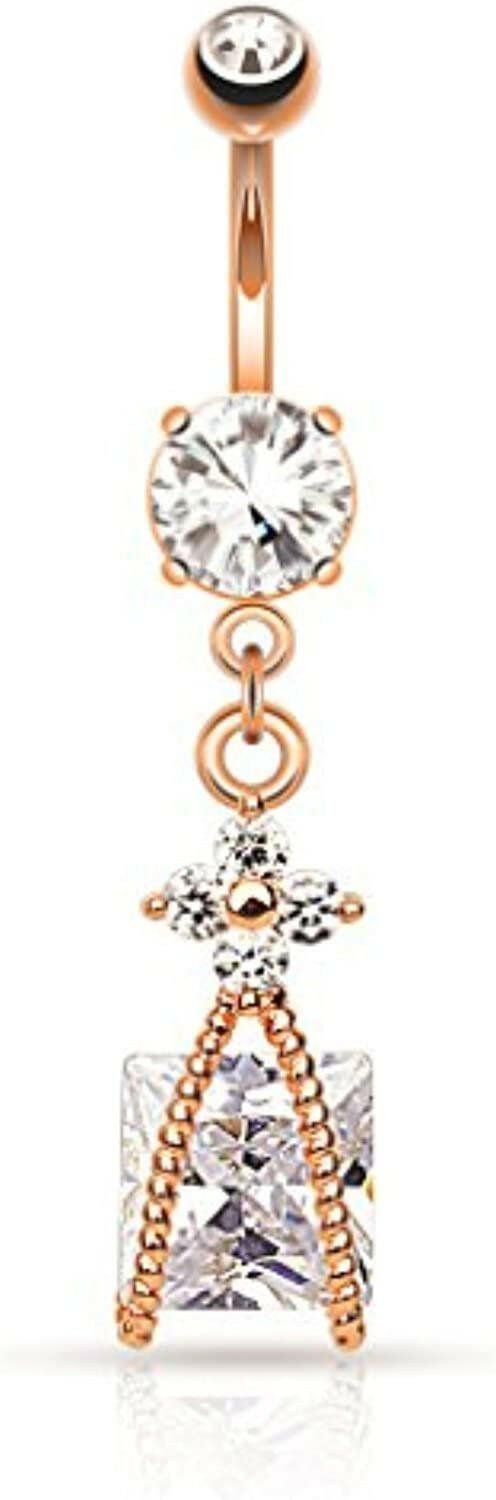 Surgical Steel Roped Square CZ and Small CZ Flower Dangle Belly Navel Ring Navel Ring Impulse Piercings Rose Gold