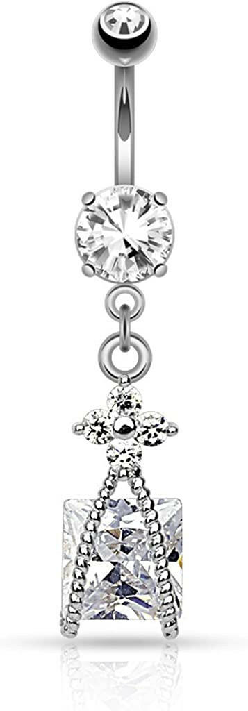 Surgical Steel Roped Square CZ and Small CZ Flower Dangle Belly Navel Ring Navel Ring Impulse Piercings Clear