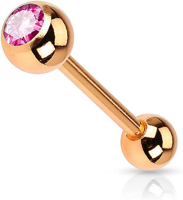 Surgical Steel Rose Gold IP Crystal Ball Barbell Tongue Rings Tongue Rings Impulse Piercings Pink