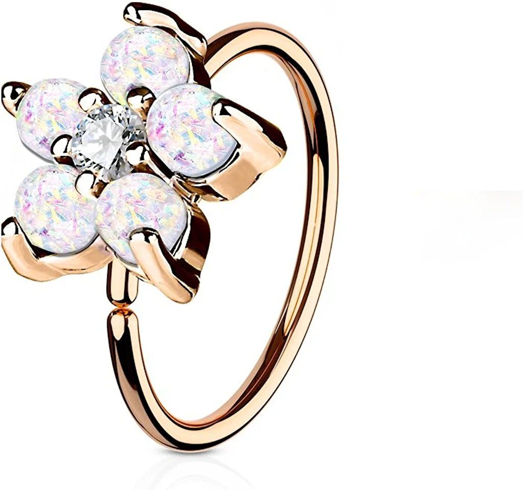 Surgical Steel Rose Gold IP Plated Opal Glitter Flower Petals CZ Center Hoop Ring for Nose and Ear Cartilage Nose Ring, cartilage ring Impulse Piercings White